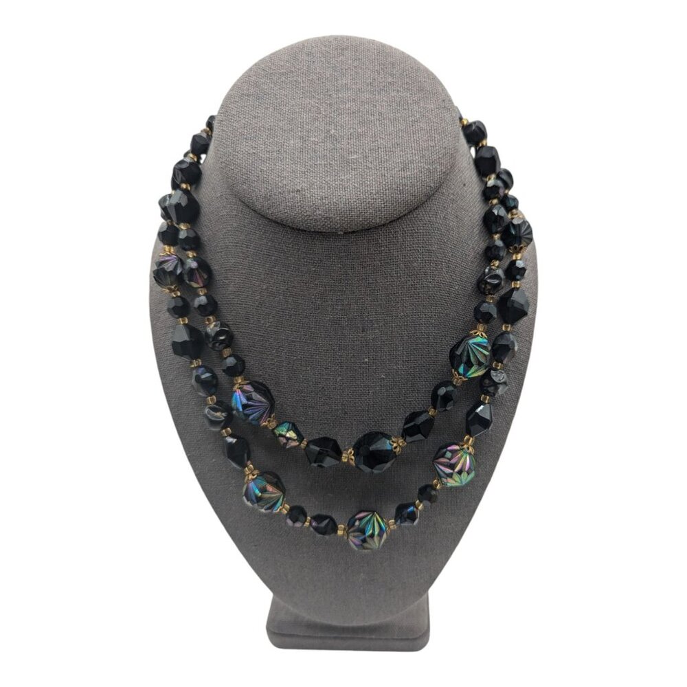 Vintage Western Germany Double-Strand Black Iridescent Bead Necklace Box Clasp